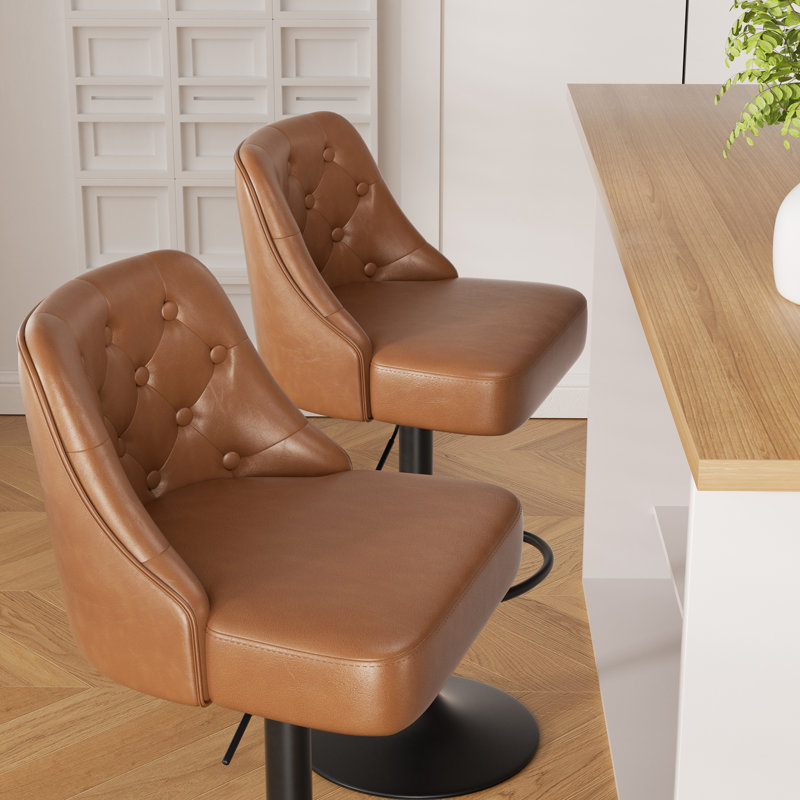 360-Degree Rotatable Faux Leather Bar Stool With Button Stitching, Light Brown
