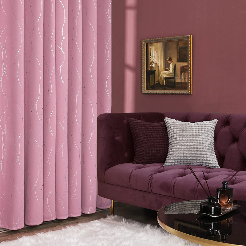 Senath Dotted Line Foil Printed Room Darkening Thermal Curtains, 168cm W x 138cm D, Pink