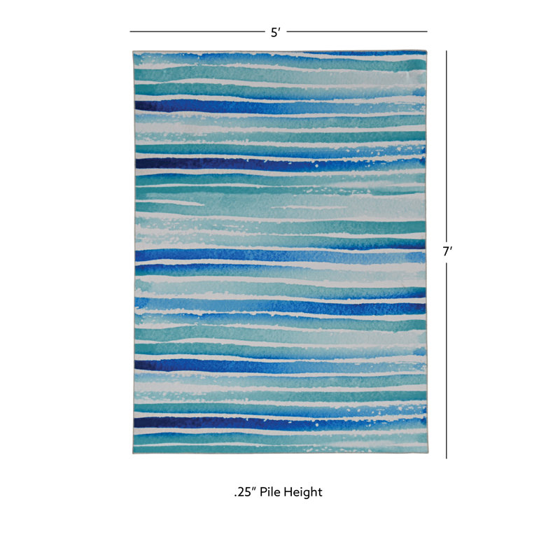 Madelyn Washable Ivory and Blue Machine Woven Area Rug, Rectangle 5' x 7'