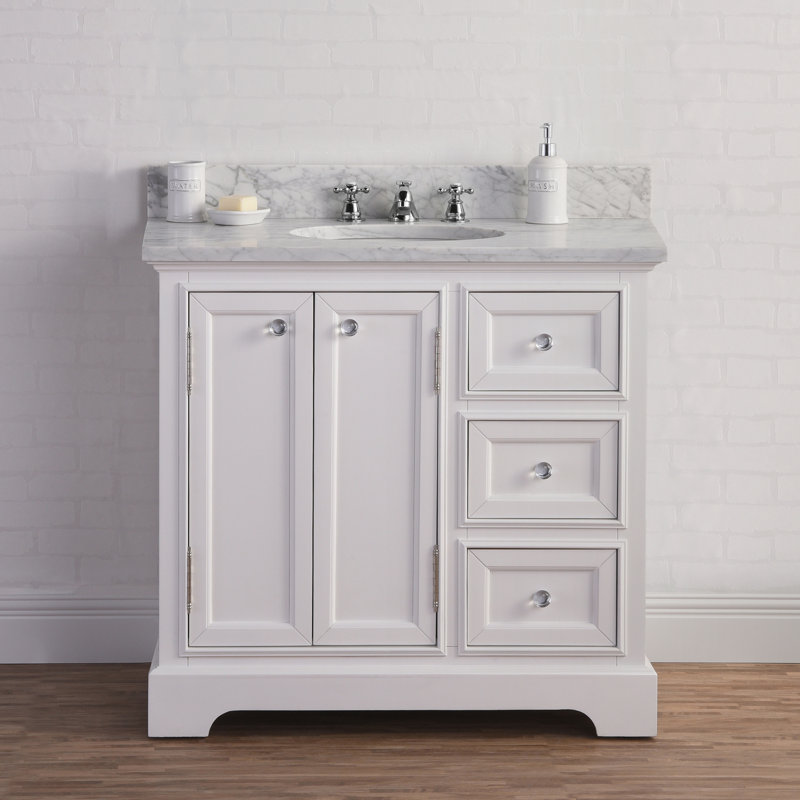 Derby 36" Carrara White Marble Countertop Bath Vanity with Faucet, No, White