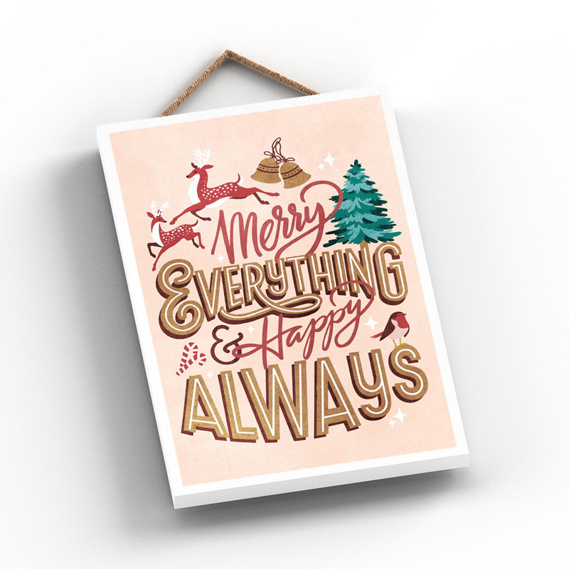 Xmas Merry Everything Happy Always Wooden Plaque, Pink, 18.5cm H x 12cm W x 0.9cm D