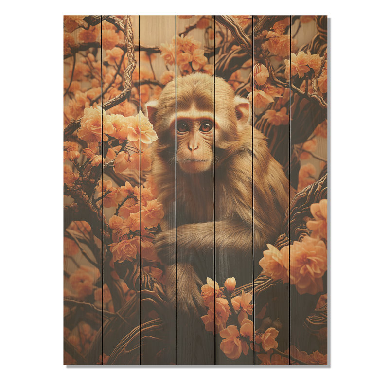 Palette de singe d'automne brun - impression de singe sur bois, H 32 po x l 24 po