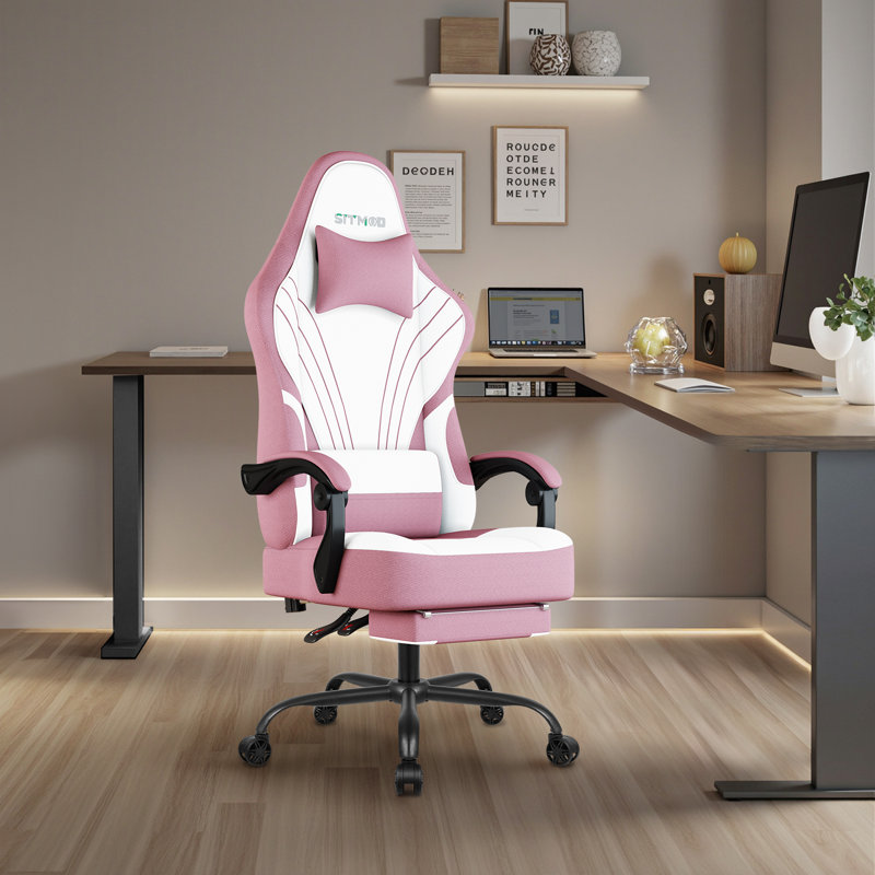Fabric Gaming Chair with Footrest&Lumbar Support, Ergonomic High-Back, Pink