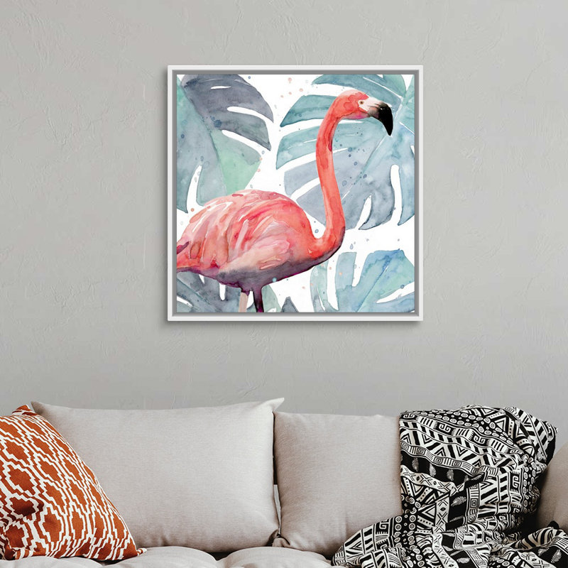 «Flamingo Splash I», art mural sur toile, Toile avec cadre blanc, H 32 po x l 32 po