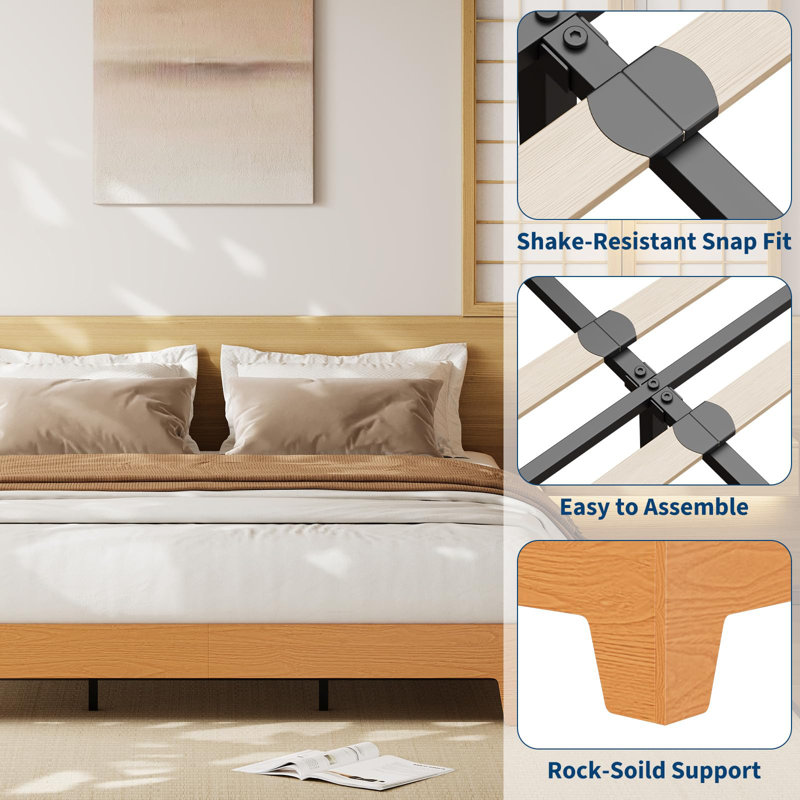 Queen Natural Wood Platform Bed Frame with Strong Slats, Minimalist Design, No Box Spring Needed, Gold, Queen