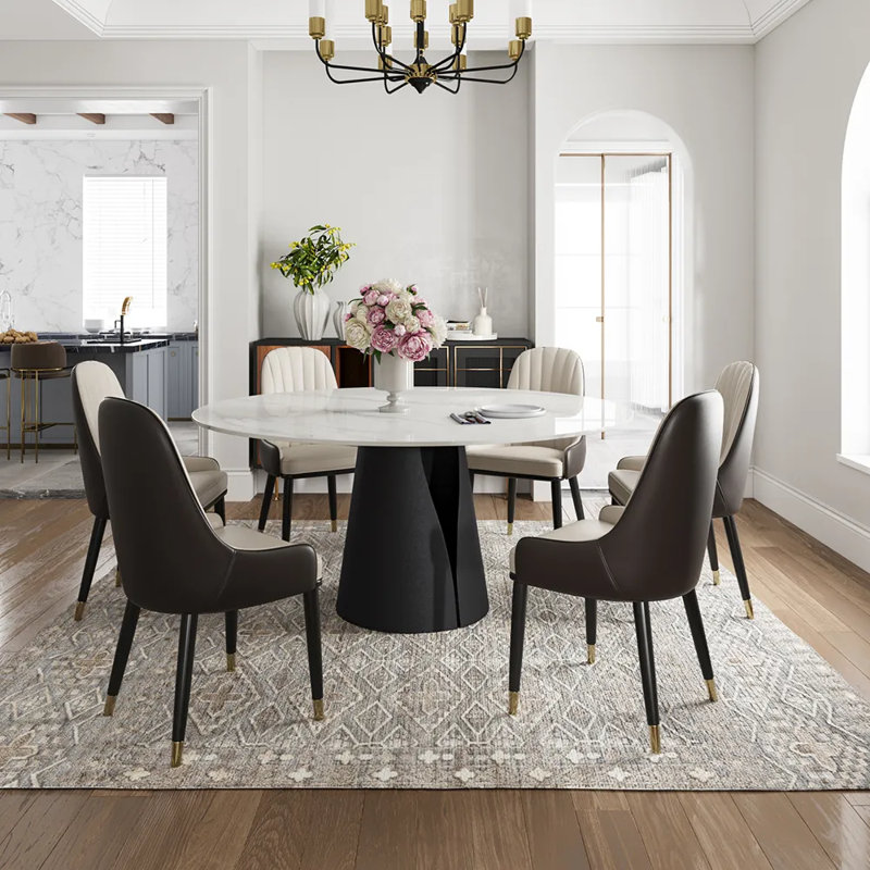Table de salle à manger Teferi, H 29,53 po x L 59,06 po x l 59,06 po, Blanc lustré, Noir