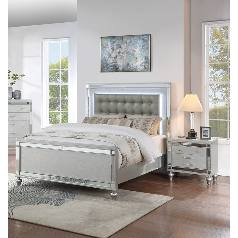 Élégant lit moderne capitonné argenté en similicuir pour grand lit 2X tables de chevet à DEL 3 pièces avec cadre de lit