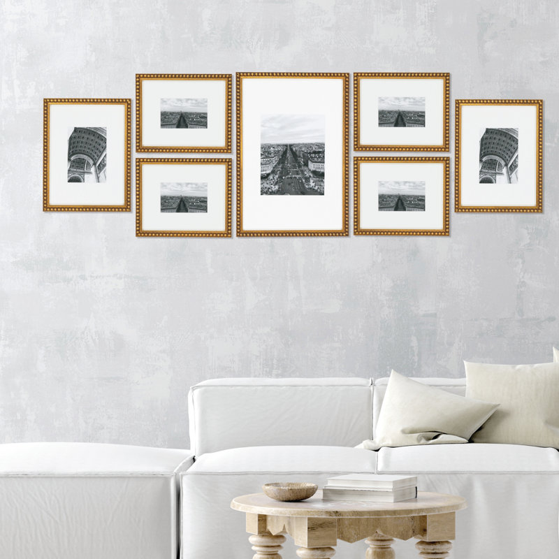 Letona Wood Beaded Picture Frame - Set of 7 with Mat, Gold