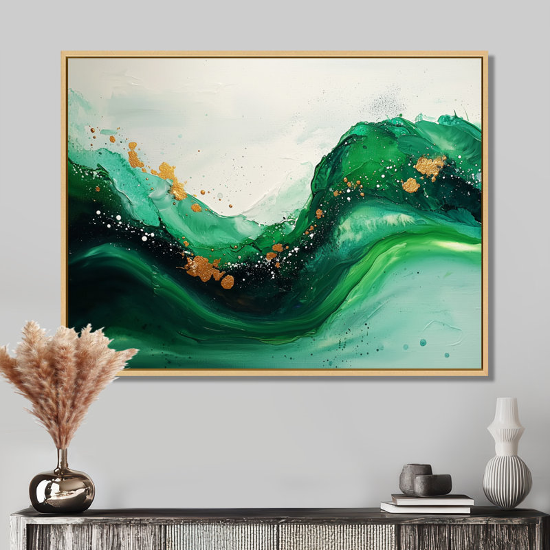 Abstrait fugue blanche et verte en couleur II - Minimalisme abstrait, art mural, H 30 po x l 40 po, Cadre flottant, Blanc
