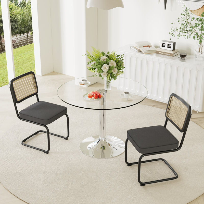 3-Piece Round Glass Dining Table Set, Black, 29.5" H x 39.7" L x 39.7" W