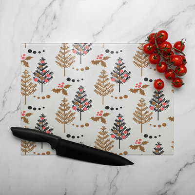 Christmas Tree Holly Leaf Pattern Glass Chopping Board