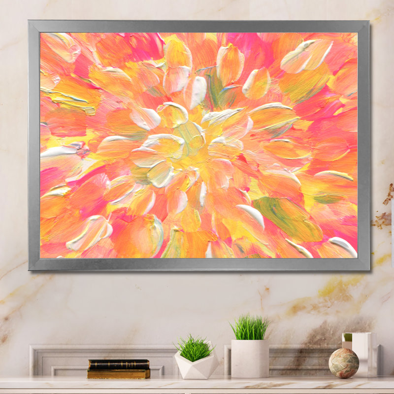 " Orange And Yellow Abstract Blossoming " Painting Print, Silver Picture Framed, 16'' H x 32'' W x 1'' D