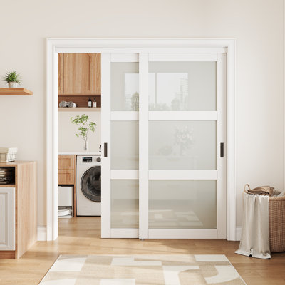 72"Wx80"H White Primed 3-Lite Tempered  Frosted Glass Sliding Door & Handle