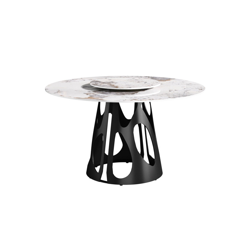 Table de salle à manger en pierre frittée de 53 po, base en métal noir, 6, disque rotatif blanc de 23,62 po et table ronde ronde en fer durable 6, bureau à faible absorption d'eau