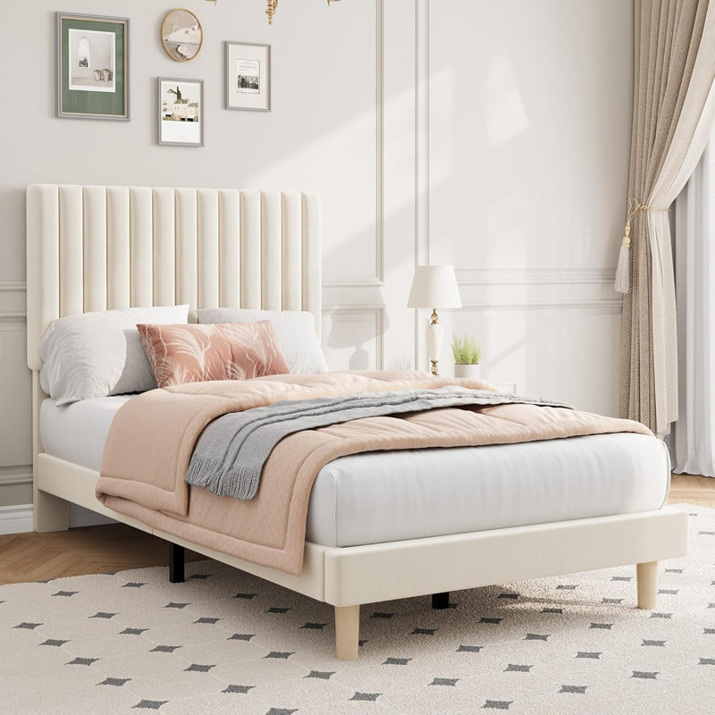 Velvet Upholstered Platform Bed with Adjustable Headboard and Wooden Slats, Twin Size/Beige