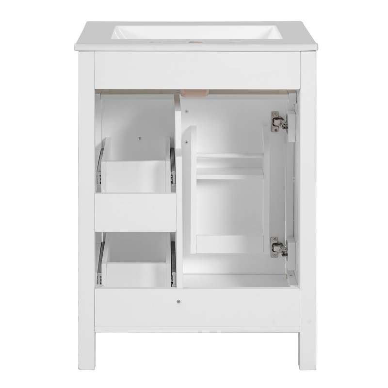 Meuble-lavabo blanc de 61 cm (24 pouces) avec lavabo en céramique, tiroirs à fermeture douce, rangement astucieux pour articles de toilette, grande durabilité, double tablette sur la porte, montage facile