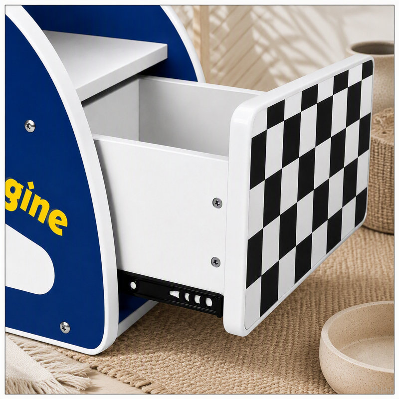 Table de chevet Kids Racing Car avec tablette de rangement ouverte, 1 tiroir, bande de protection arrondie, Bleu