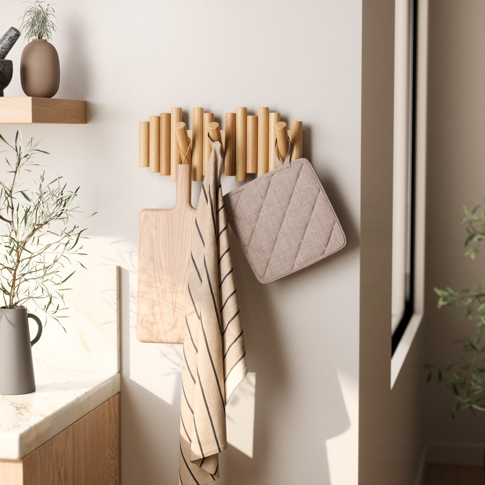 5 - Hook Solid Wood Coat Rack, Light Brown
