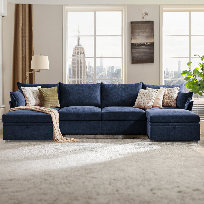 Petal Sofa Reversible Modern Modular Sectional Sofa with Storage Ottoman – Premium Fabric, Blue, 37" H x 134.6" W x 67.5" D