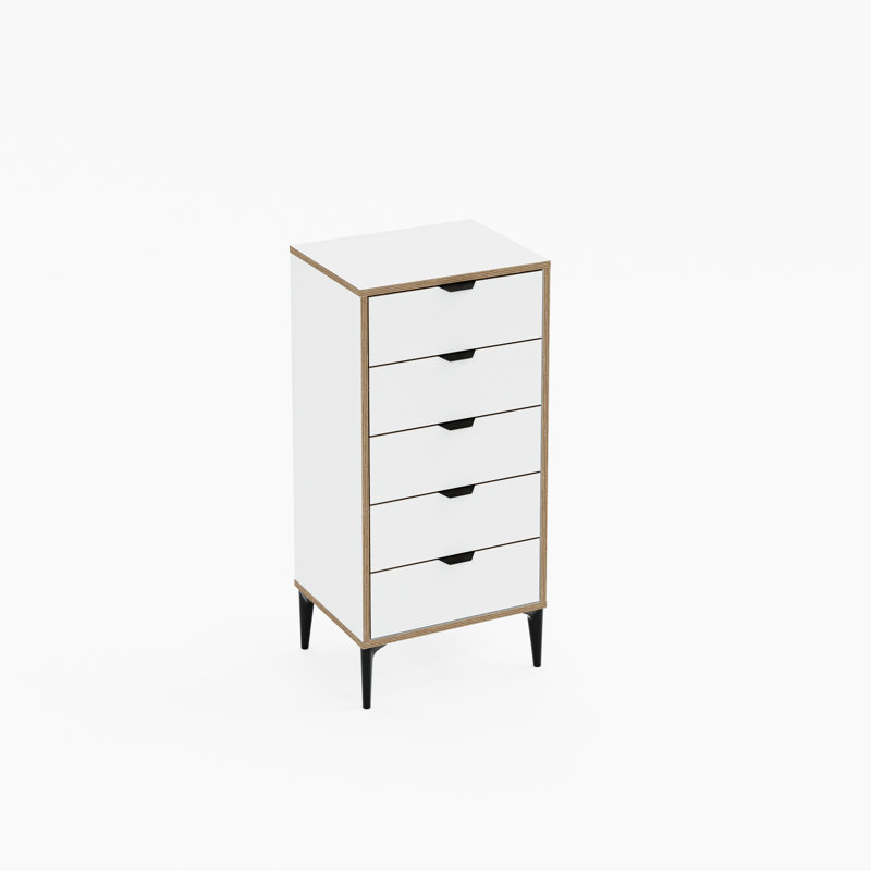 Grande commode pour femme 5 tiroirs avec bordures en bouleau exposées et poignées en métal noir, blanc