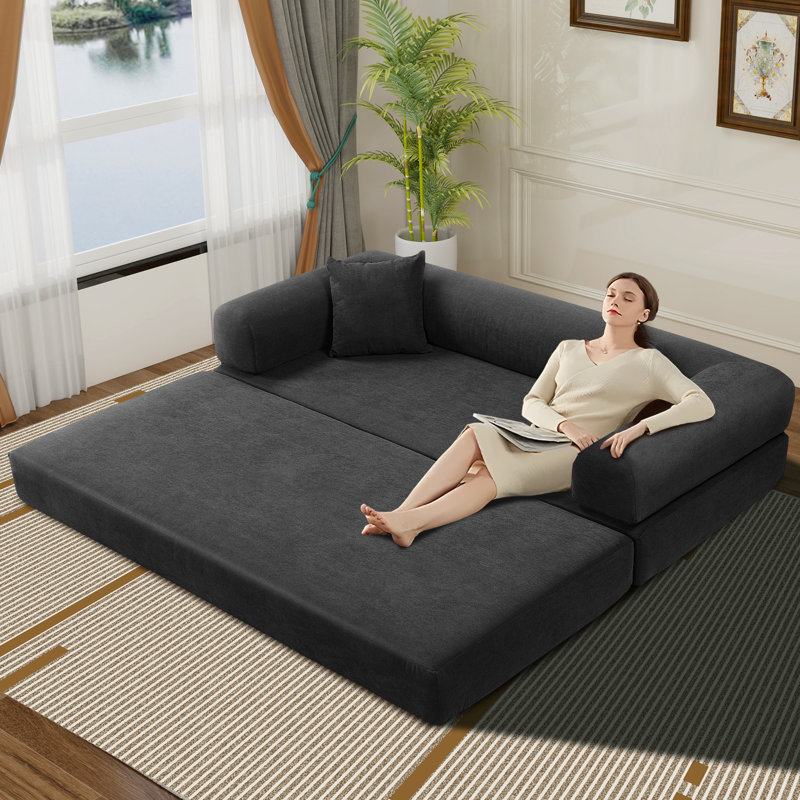Boneless 3-Seats Convertible Floor Sofa Bed with Storage Pocket, Corduroy Folding Mattress Sofa with Zipper Closure, Floor Lounge Couch for Living Room, Bedroom