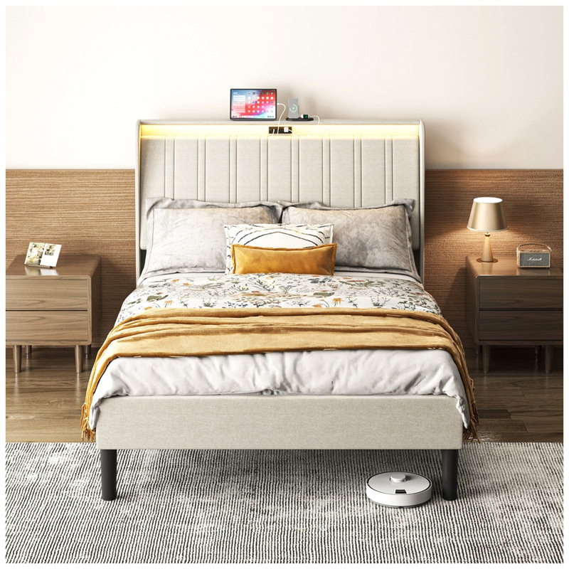 Base de lit plateforme moderne avec tête de lit tapissier et support à lattes en bois, Simple