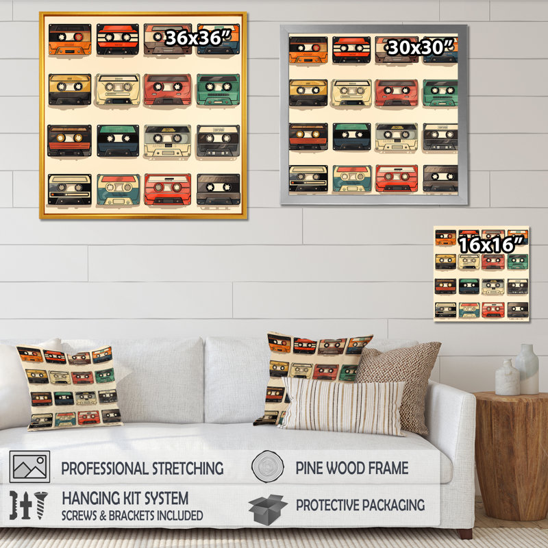 Retro Cassette Tape Collection II - Cassette Tapes Wall Art, Cadre simple noir, H 16 po x l 16 po x P 1 po