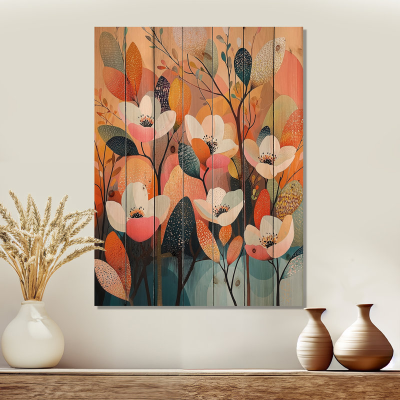 Abstract Botanical Harmony Dogwood Flowers II - Dogwood Wood Print - On Natural Pine Wood, 20" H x 10" W x 0.78" D