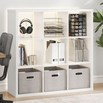 Furinno CUBICLE Book Shelf with LED Lights, 4-Cube LED Bookshelf, Reversible Extra Thick Frame Bookcase, Display Storage Shelves, for Living Room, Bedroom, Home Office, White