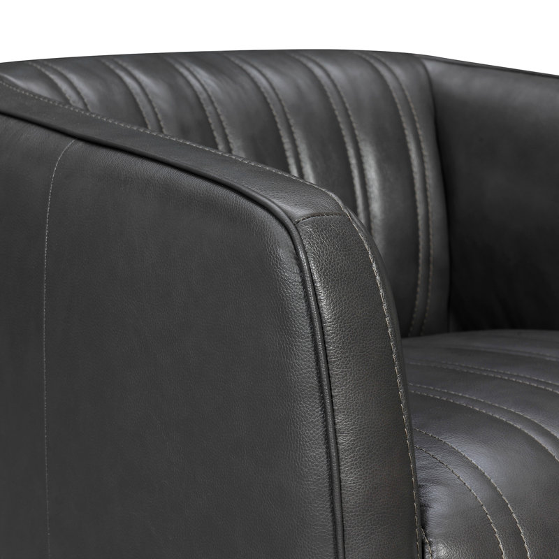 Dingeman Upholstered Swivel Barrel Chair, Pewter Genuine Leather