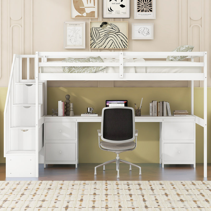 Structure de lit mezzanine avec bureau intégré et doubles tiroirs de rangement, Blanc