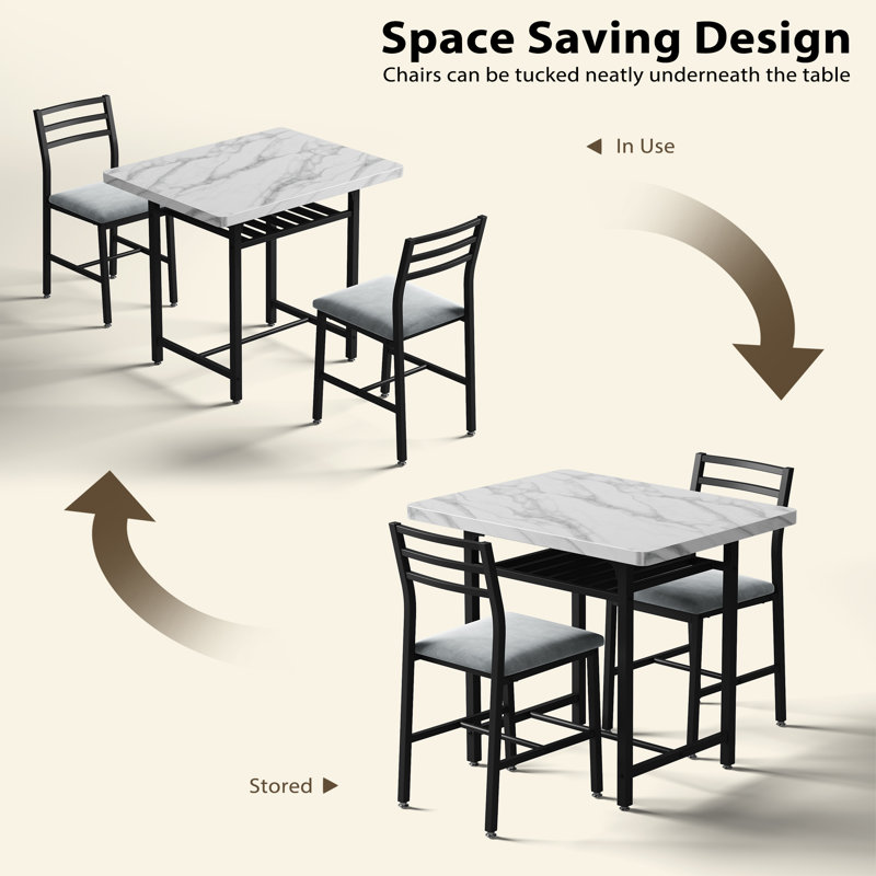 3-Piece Dining Table Set With Faux Marble Tabletop, Under-The Table Storage And Cushioned Chairs For Small Space, Minimalist Dining Set For Kitchen, Home Bar And Patio