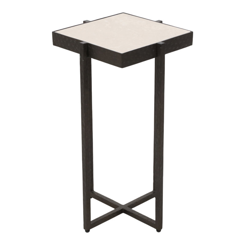 Modern Square Marble Top Forged Metal Drink Table for Living Room - Slim Pedestal Accent End Table for Decorative Display, Entryway, and Seating Areas