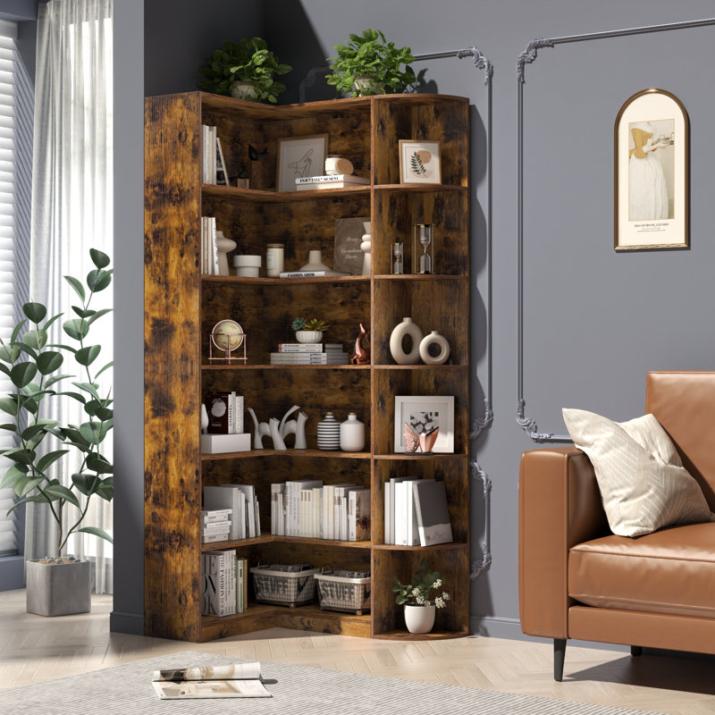 6 Tiers Corner Bookcase, Large Tall Modern Storage Display Industrial Book Shelf