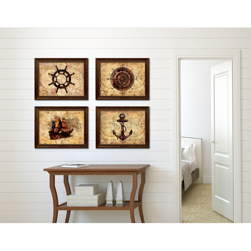 «Compass Nautical Vintage Map», reproduction d'art textuel sur toile encadrée, H 15 po x l 19 po, Encadrement brun
