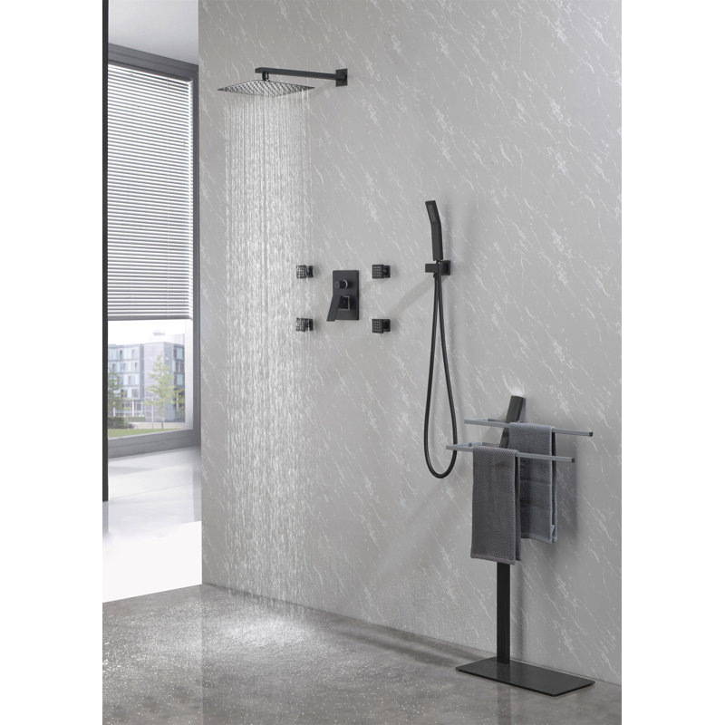 Système de douche, système de douche noir mat complet de 10 pouces avec jets de corps, pomme de douche à pluie carrée, douche à main et valve à pression équilibrée à 3 fonctions, ensemble de robinet de salle de bain luxueux