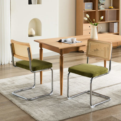 2 Mid Century Modern Dining Chairs, Velvet Fabric With Cane Weave Back & Base, Cantilever Design, Olive , Heavy-duty 360 Lbs Capacity 2 Velvet, Hand-woven Back, - Stainless Steel For Stability