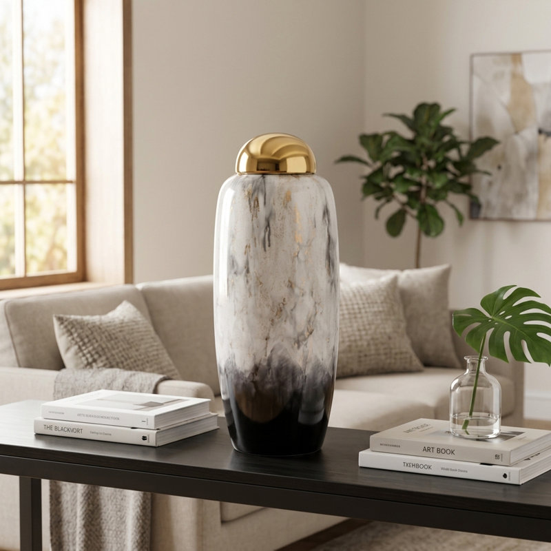 Vase en grès céramique neutre avec couvercle, H 17 po x l 8 po x P 7 po