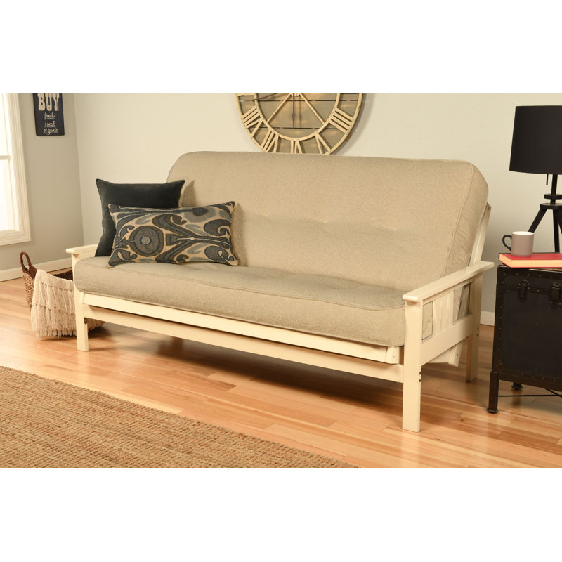 Johnte Full-Size Futon Frame and Full-Size Innerspring Mattress, Antique White, Canton Cream, Premium Pocket Coil