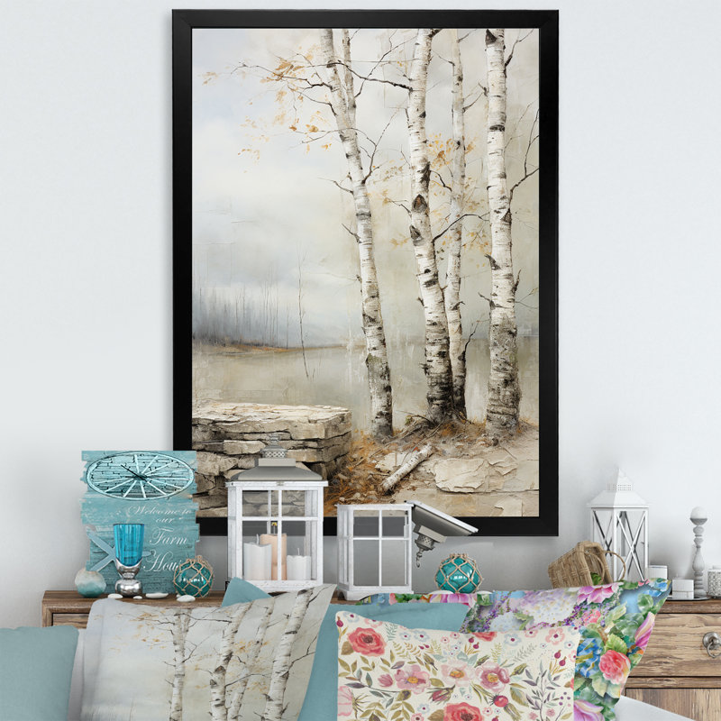 Rustic Birch Tree Charm - Art mural bouleau, Cadre simple noir, H 44 po x l 34 po x P 1,5 po