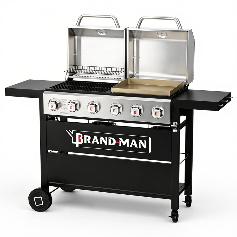 Brand-Man 2-in-1 Propane Gas Grill & Griddle Combo, 6-Burner with Double Stainless Steel Lids, Foldable Shelves & Wheels for Backyard & Patio
