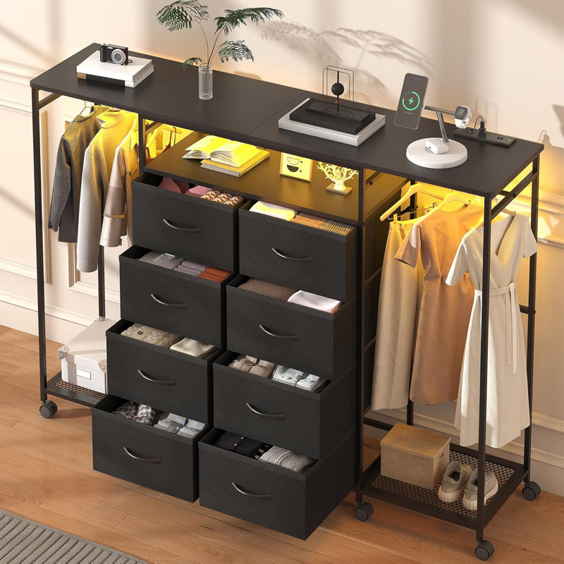 59.1" W Dresser for Bedroom with Hanging Rack, 8 Drawer Dresser with LED Lights & Charging Station, Fabric Dressers with Portable Wheels,Metal Frame, Wooden Top