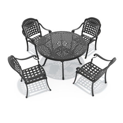 5-Piece Patio Dining Set, 48.03" Round Dining Table with Umbrella Hole & 4 Stackable Chairs with Blue Cushions