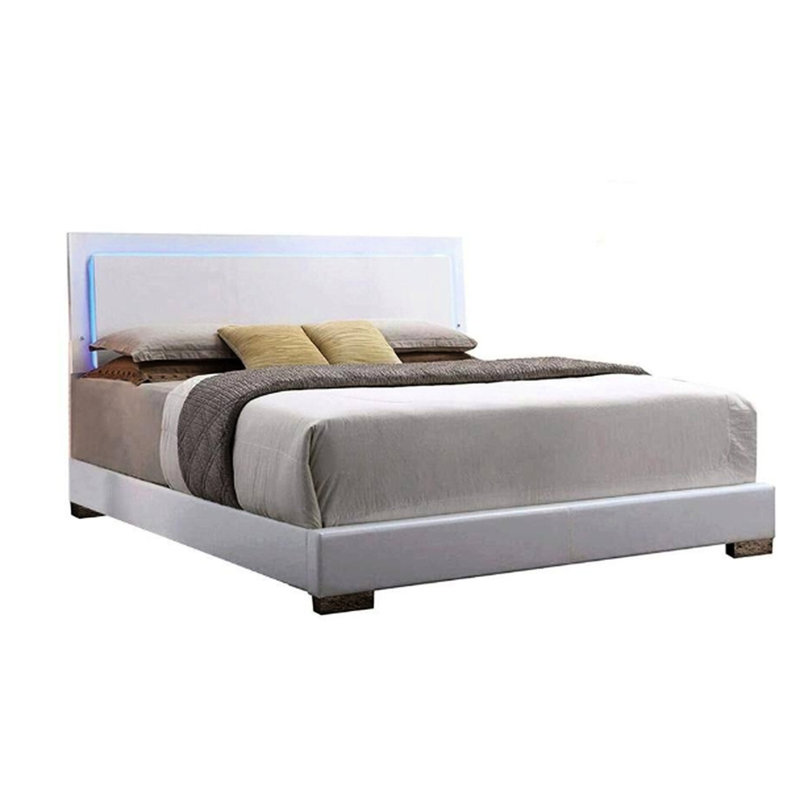 Queen Bed With Led Lighting System, White Faux Leather Upholstery, - Coated Straight Legs, High Gloss Back Panel On Hb, Padded Hb And Fb, 3 Slats Support 660Lbs Weight Limit, 63In Width Enabled Bed,