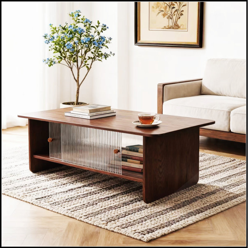 Table basse rectangulaire rétro du milieu du siècle de 119 cm avec rangement, portes coulissantes en verre cannelé pour salon et chambre