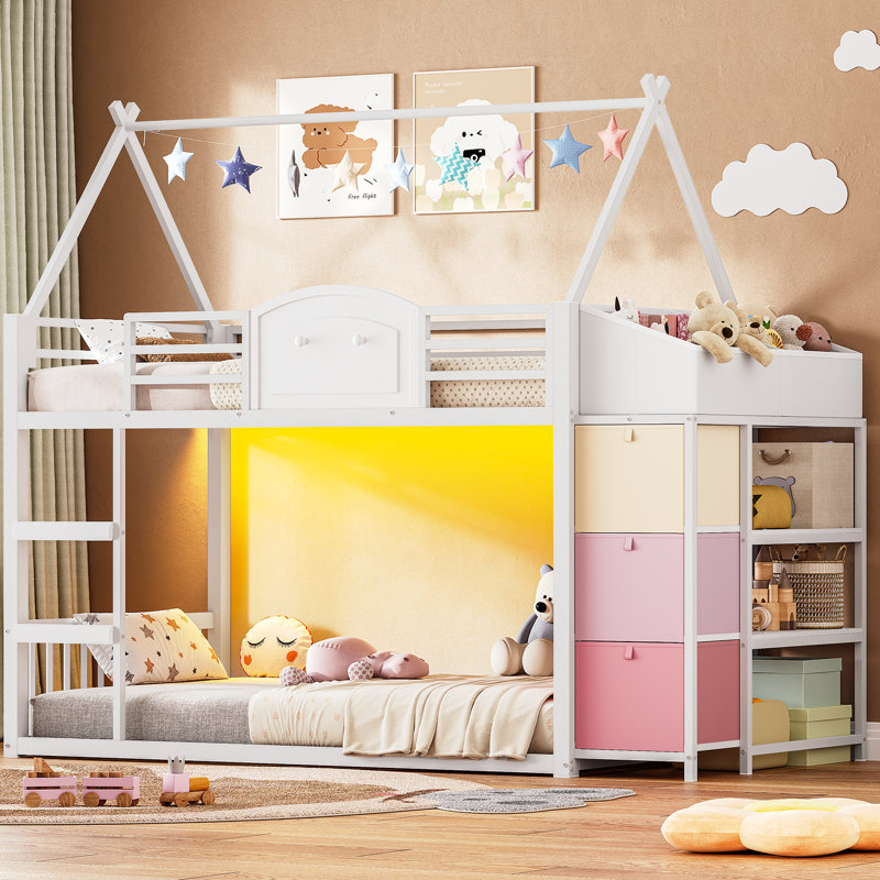 Lit mezzanine avec 3 tiroirs et bibliothèque à 2 niveaux Lit mezzanine pour enfants avec 2 boîtes de rangement blanches