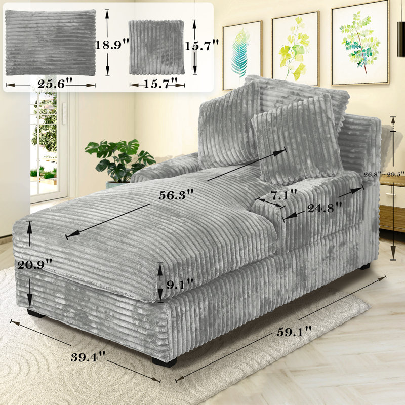 Izeyah 39 Inches Wide Chaise Lounge Indoor with Adjustable Backrest, Lumbar Pillows for Living Room, Bedroom, Office, Gray