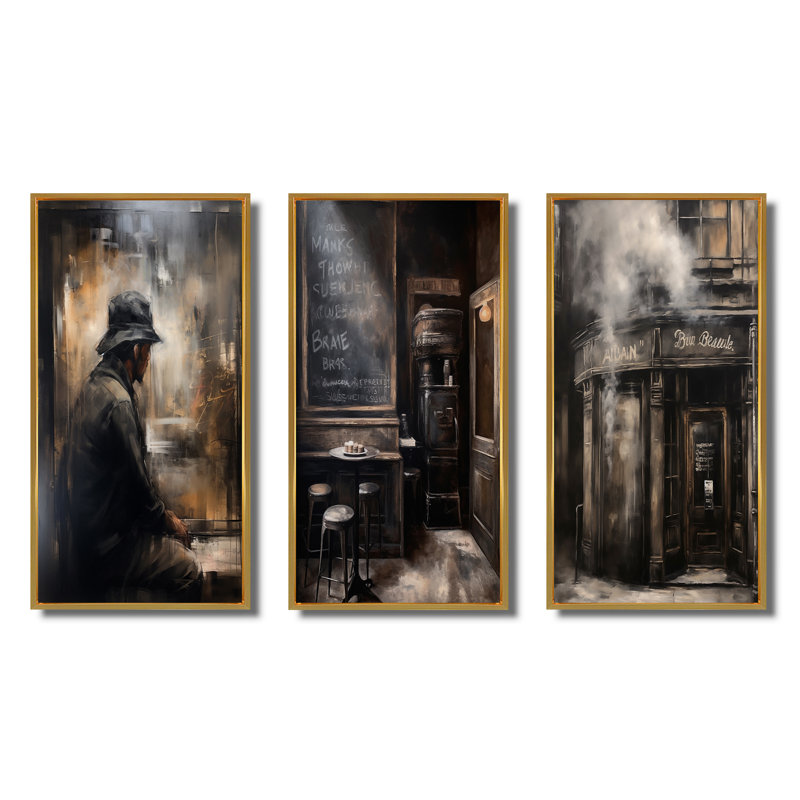 «Vintage Paris Nostalgia Atmosphere Peinture», 3 pièces sur toile, Cadre flottant doré, H 20 po x l 36 po