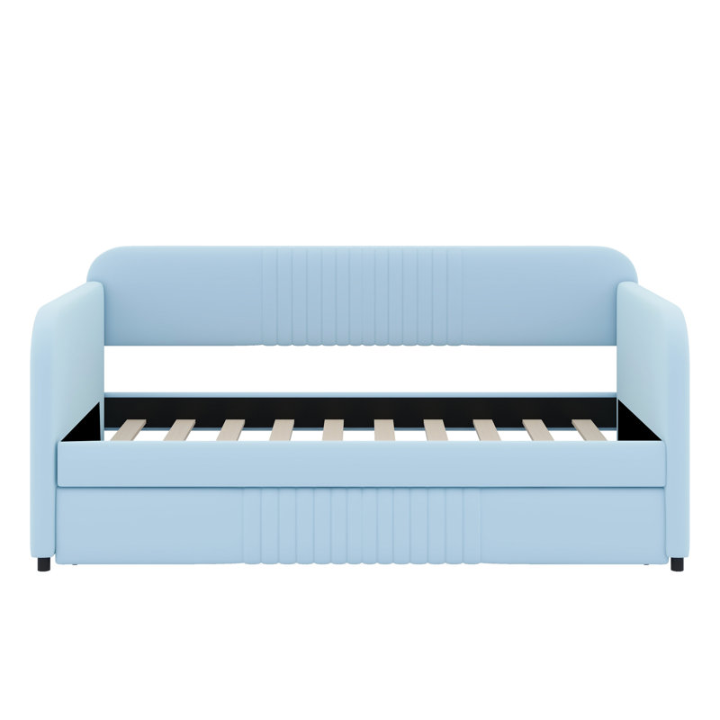 Upholstered Daybed Sofa Bed With Trundle Bed, Light Blue