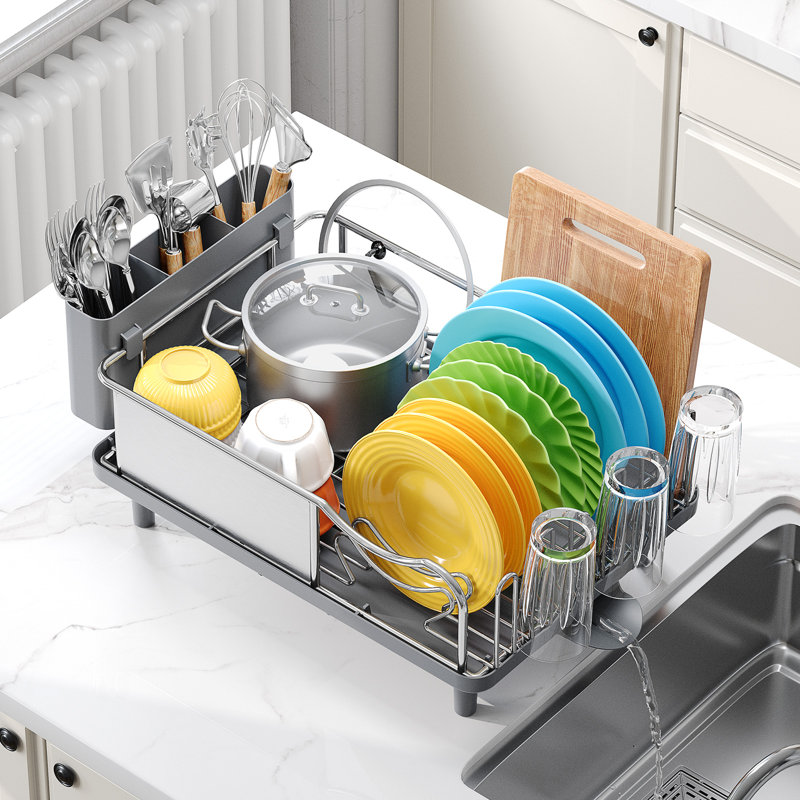 Stainless Steel Dish Drying Rack with Cutlery Holder,Extra Large Capacity Dish Drainer,Kitchen Dish Rack,Plate Rack, Gray